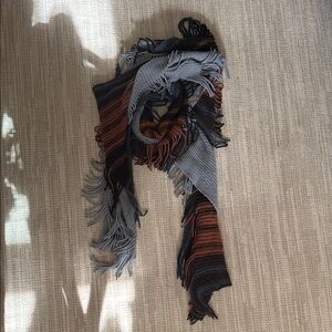 Striped Fringe Knit Scarf in Gray, Black & Rust
